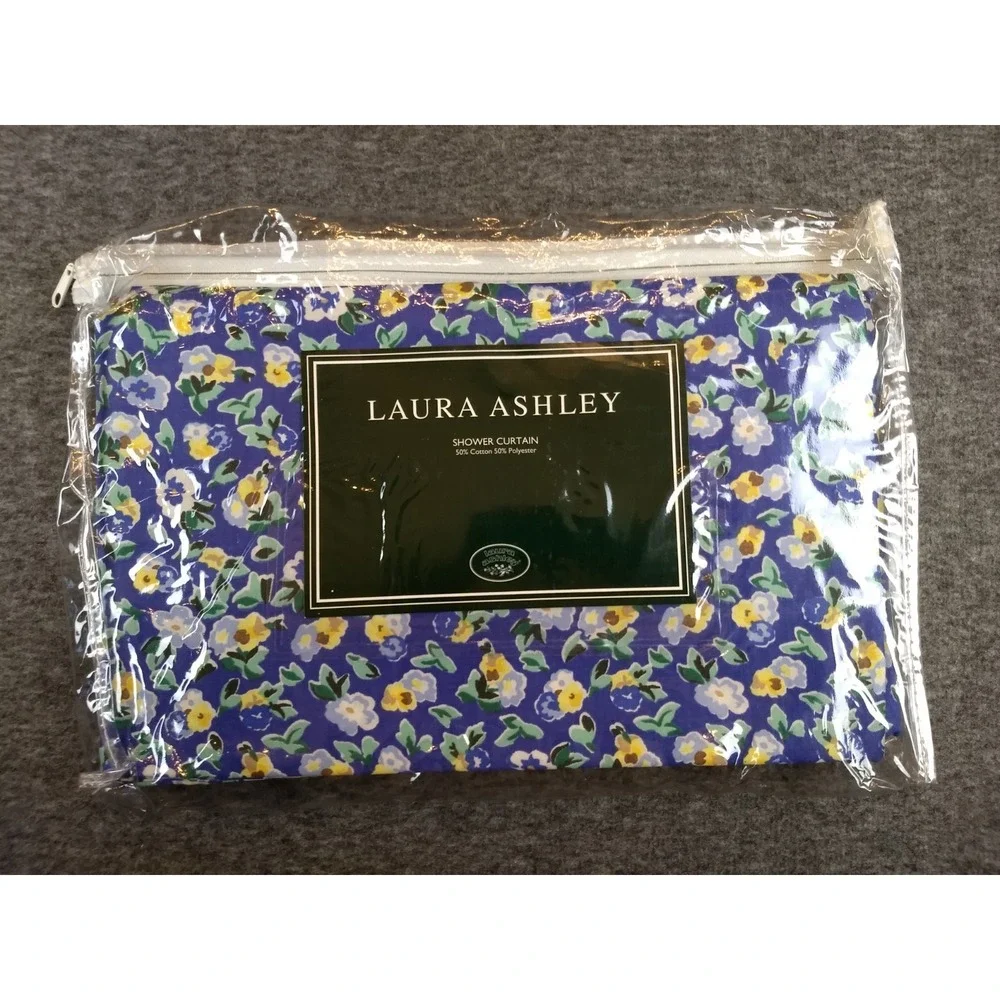 Laura Ashley Fabric Shower Curtain Floral Gingham Blue No Iron Washable Rare NEW